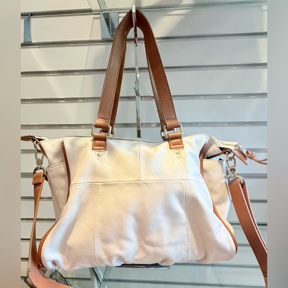NWOT Elegant Cream and Tan Genuine Leather Large Bag - Designer Sample